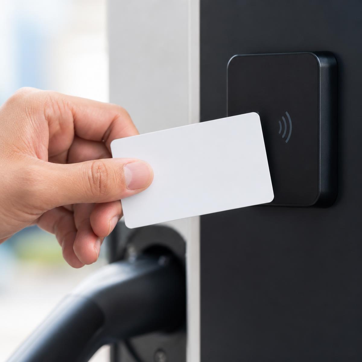 Laadkaart met RFID-chip tegen de lezer van een laadpaal